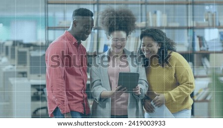 Image of financial data processing over diverse business people in office. Global finance, business, connections, computing and data processing concept digitally generated image.