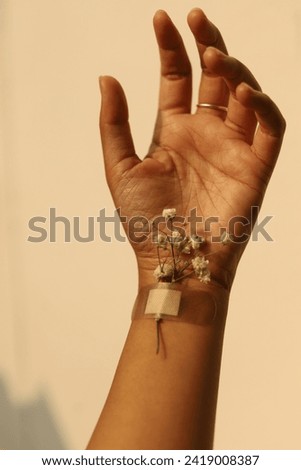 Arm of the person with little flower stuck on the Aid Band Plaster Strip Medical. life pain, Nature healing concept. Royalty-Free Stock Photo #2419008387
