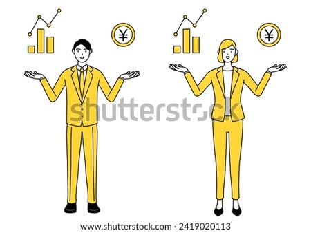 Simple line drawing illustration of businessman and businesswoman in a suit guiding an image of DXing, perforwomance and sales improvement. Royalty-Free Stock Photo #2419020113