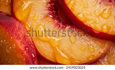Peaches with leaves in a wooden box with peach in halves on top. Flat lay composition with ripe juicy peaches. Harvest of peaches for food or juice. Top view fresh organic fruit, vegan food. Royalty-Free Stock Photo #2419023025