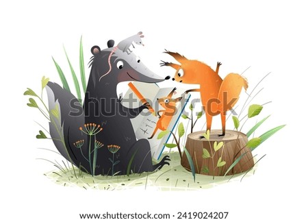 Animals drawing a picture, skunk draws a portrait for a funny squirrel. Forest animals characters in kindergarten. Workshop and study how to draw for kids. Isolated clipart vector illustration.