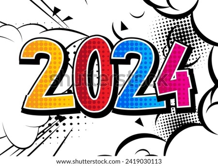 Cartoon 2024 explosion sign, comic book New Year. Retro vector comics pop art design.