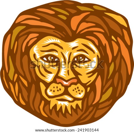 Illustration of an lion big cat head facing front on isolated white background done in retro woodcut linocut style. 