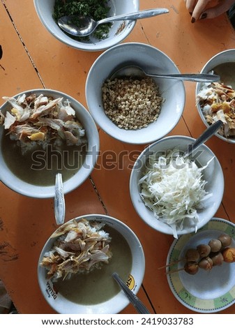 Soto (also known by several local names such as, sroto, sauto, tauto, or coto) is a typical Indonesian food such as soup made from meat and vegetable stock. The meat most often used is beef and chicke