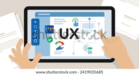 UX user experience design website interaction designer working on screen hands create interface layout using software Royalty-Free Stock Photo #2419035685