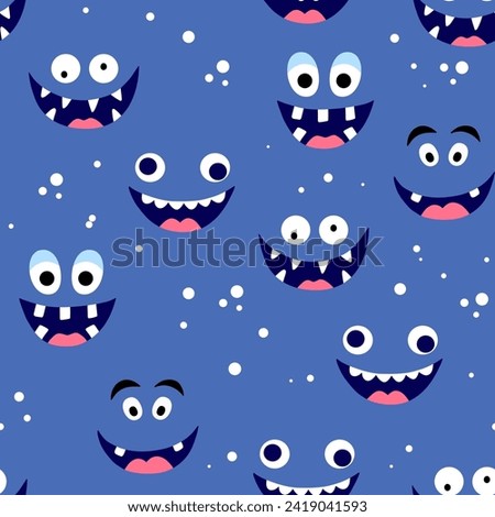 Seamless pattern with cute colorful monsters faces. Vector endless pattern on white background.