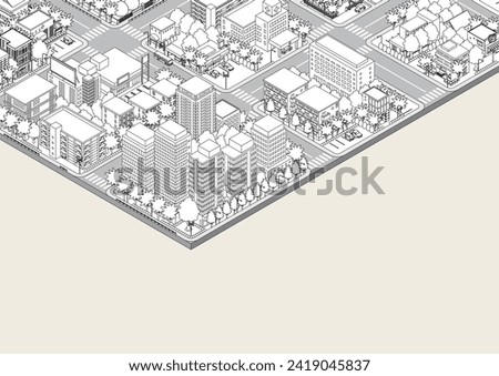 Three-dimensional view of the townscape. Cityscape. Line drawing illustration.