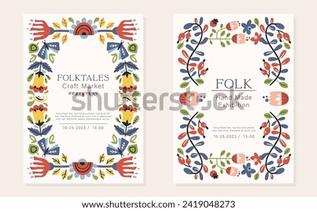 Folk vector invitations, flyers or advertising templates in Nordic style, hygge designs or prints. Symmetrical ethnic frames with copy space. Folkloric motifs - moth, flowers, leaves