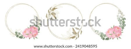 Set of wreaths of watercolour peony flowers. Round gold frames for cards, backgrounds, textiles, posters, invitations, stickers, etc.