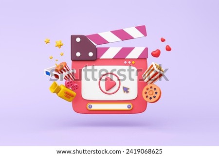 Big clapperboard. Watching movies cinema internet online entertainment media on smartphone or computer with screen, play button, search bar. Multimedia app service. clipping path. 3D Illustration.