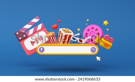 Search bar. Watching movies cinema internet online Entertainment media on smartphone or computer with popcorn, clapperboard, movie film roll. Multimedia app service. clipping path. 3D Illustration.