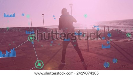 Network of connections against african american male boxer practicing boxing walking on promenade. sports and fitness concept