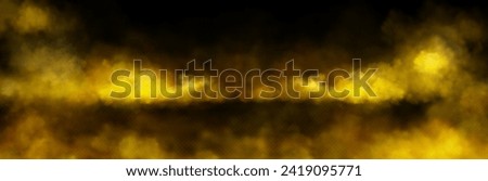Cloud of yellow smoke on black background. Vector realistic illustration of golden color dust overlay effect, transparent smoky mist texture, toxic chemical smog, nightclub party steam, light haze