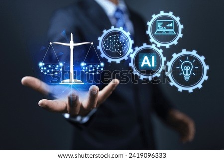 intellectual property ethical concept with businessman holding balance justice to encourage ai user no patent infringement and copy right of human artist in business activity