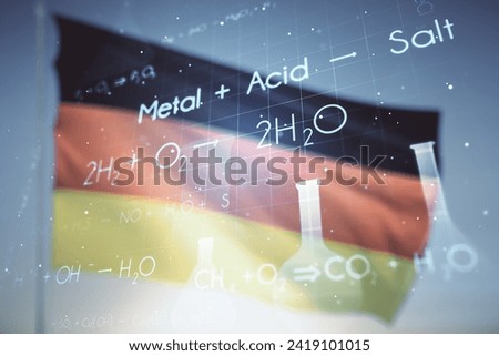 Creative chemistry hologram on flag of Germany and blue sky background, pharmaceutical research concept. Multiexposure