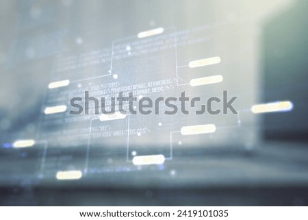 Double exposure of abstract creative programming illustration on contemporary business center exterior background, big data and blockchain concept