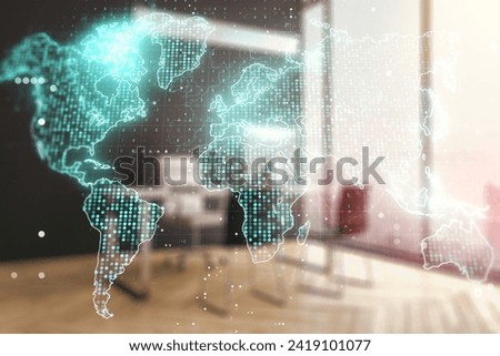 Multi exposure of abstract creative digital world map and modern desktop with laptop on background, research and analytics concept