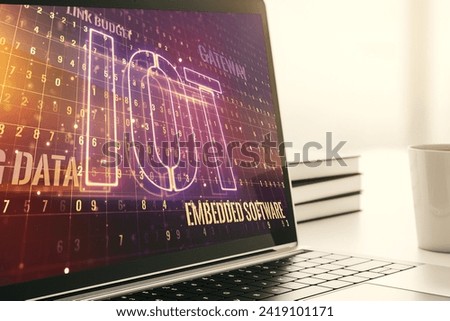 Creative IOT concept on modern laptop screen. 3D Rendering
