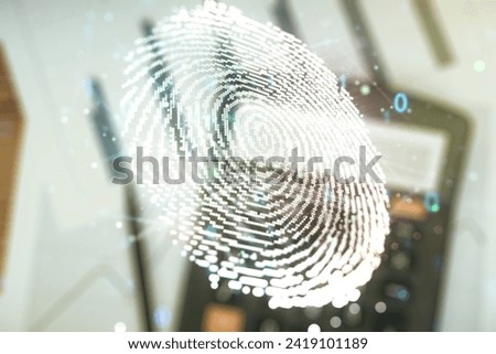 Multi exposure of virtual graphic fingerprint sketch on blurry calculator and papers background, fingerprint scan data concept