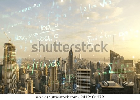 Scientific formula hologram on Manhattan cityscape background, research concept. Multiexposure