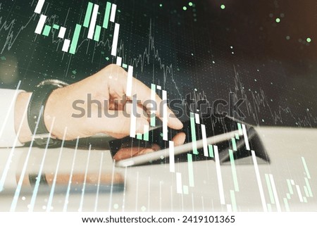 Double exposure of abstract creative financial chart with finger clicks on a digital tablet on background, research and strategy concept