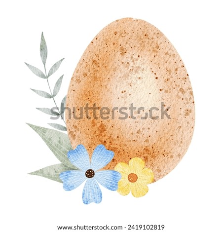 Orange Easter egg, flowers and leaves. Paschal Concept with Easter Eggs with Pastel Colors. Isolated watercolor illustration. Template for Easter cards, covers, posters and invitations.