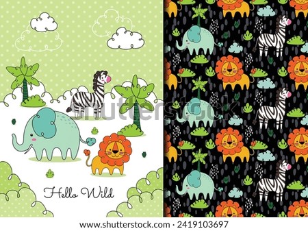 Seamless vector pattern with cute animals for fabric, typography poster, card, label, brochure, flyer, page, banner design. Vector illustration background