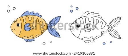 Goldfish coloring book with coloring example for kids. Coloring page with fish. Monochrome and color version. Vector childrens illustration