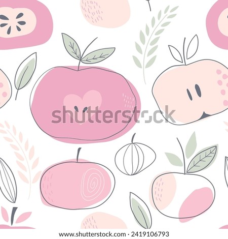 vector seamless pattern with clipping mask. Apples, leaves, fruits.