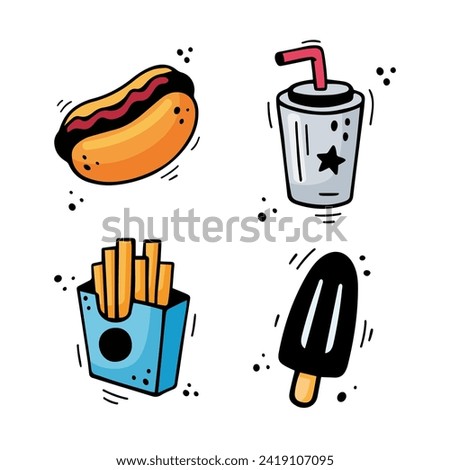 Fast food icons set - Hot Dog, French fries, paper cup with drink, ice cream. Hand drawn fast food combo. Comic doodle sketch style. Colorful snacks drawn with felt tip pen. Vector illustration