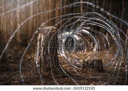 
Border wire fence trough pine forest. protecting the state's border from illegal migration and russian invasion. defending and regaining occupied territory 
 Royalty-Free Stock Photo #2419112145