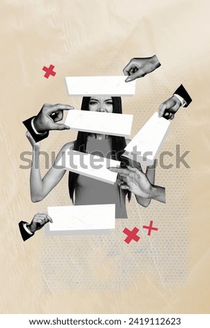 Vertical picture artwork collage of aggressive lady banned in social media for aggressive comments isolated on beige color background