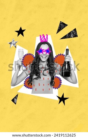 Party time collage of funky girl celebrate her happy birthday alone in festive clothes with champagne isolated on yellow background
