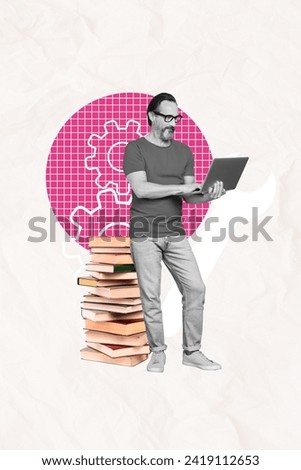 Collage artwork graphics picture of confident guy choosing book online library isolated white color background