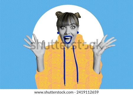 Poster picture collage sketch of cheerful positive girl rejoice unexpected unbelievable news isolated on colorful painted background Royalty-Free Stock Photo #2419112659