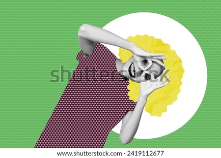Picture collage of crazy cheerful girl have fun looking binoculars isolated on colorful painted background