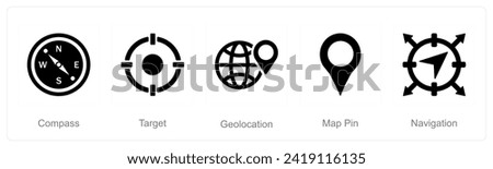A set of 5 Location icons as compass, target, geo location