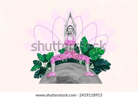 Horizontal composite photo collage of calm sportswoman do yoga exercise mental health body care training on green plants background