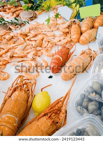 Fresh seafood on ice for sale at the market in Paris