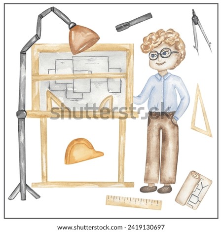 Watercolor architect designs building plan clipart, hand drawn illustration. Man architect working in office, kids school card clip art, educational, cute children graphics with professions.