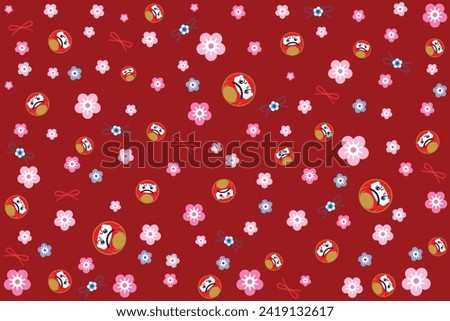 Illustration, pattern of the daruma japan dall with sakura flower on deep red background. Royalty-Free Stock Photo #2419132617