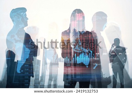 Group of businesspeople standing on blurry city wallpaper with forex chart. Trade and finance concept. Double exposure