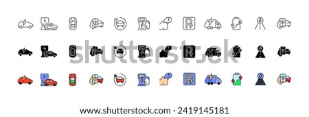 Electric charge collection. Electric car charging icons. Linear, silhouette and flat style. Vector icons