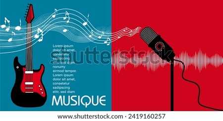 Music themed double page spread with an electric guitar, notes, microphone and musical diagram - red and blue background