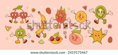 Tropical exotic fruits set. Old retro cartoon characters. Groovy vintage summer design elements. Cool lemons, sunglasses, Banana, watermelon, Cherry, Orange, pitahaya, star fruit and kiwi. Peach Fuzz.
