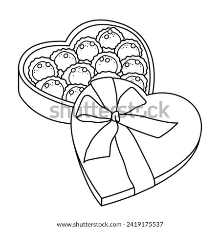 A box of chocolates for Valentine's Day in the shape of a heart. Dessert, sweets. Coloring page, icon, black and white vector illustration.