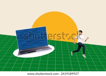 Photo cartoon comics sketch collage picture of scared guy running away office modern device isolated graphical background