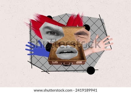 Crazy personage man caricature illustration collage of surreal guy created by few elements inside vintage suitcase over gray background