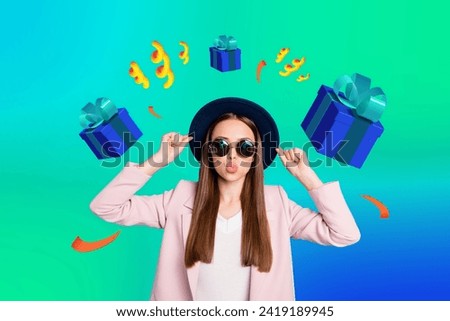 Image picture creative collage of girl kiss touch sunglass enjoy celebration with many 3d elements gifts