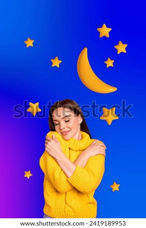 Creative picture collage of cute girl hug herself over night background with 3d shape moon stars